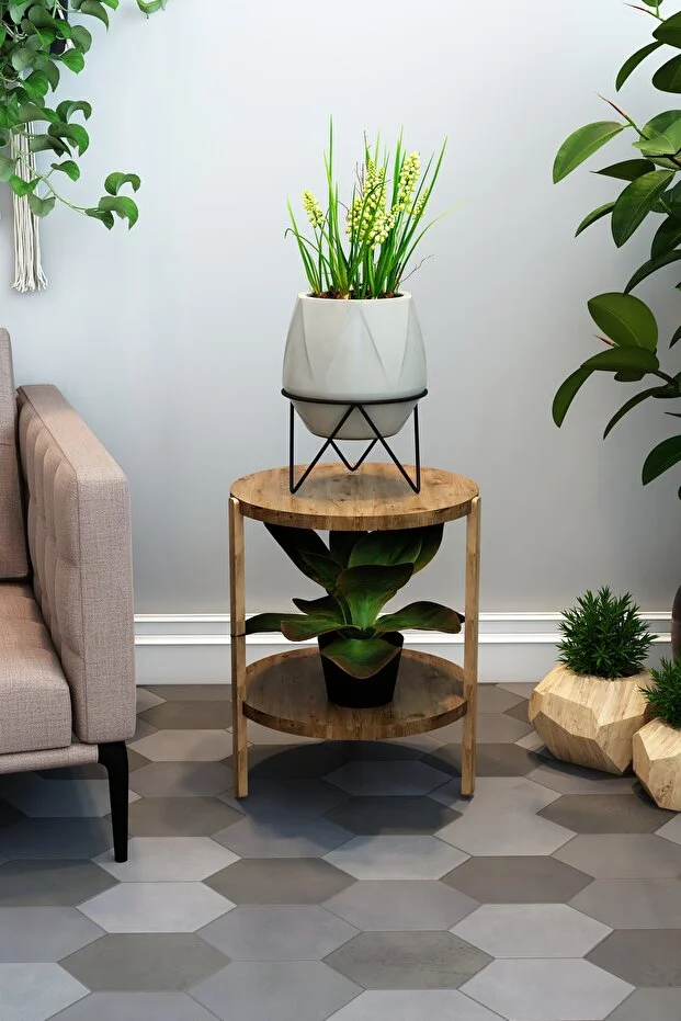 Miray Atlantik Çam 2 Katlı Yuvarlak Ahşap Çok Amaçlı Sehpa / Saksılık-Çiçeklik / Dekoratif Raf